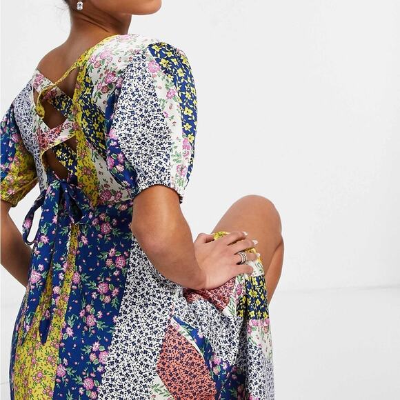 ASOS Floral Patchwork Midi Dress Button Satin Cottagecore Coquette Romantic 6 - Picture 3 of 16